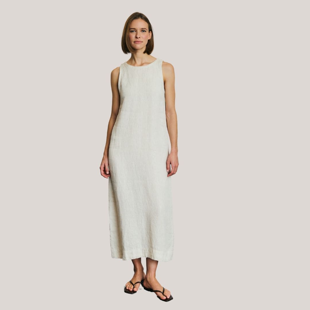 Aggeliki Dress Klassisk Hør Kjole Sand - Kjole