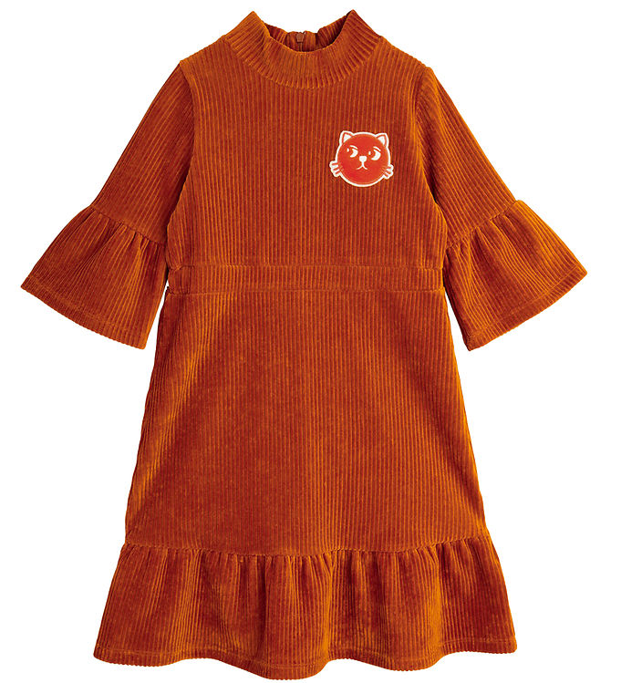 Brun Mini Rodini Kjole Fløjl Cats - Mini Rodini Kjole  - 7332754676327