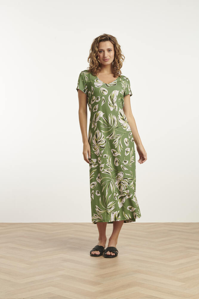 Grøn Midi Kjole Leaf Print Army Light Green Smashed Lemon - Smashed Lemon Kjole  - 8720331334644